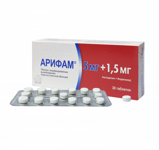 Изображение товара Арифам таблетки с модифицированным высвобождением 5мг +1,5мг №30 - эффективное средство для снижени