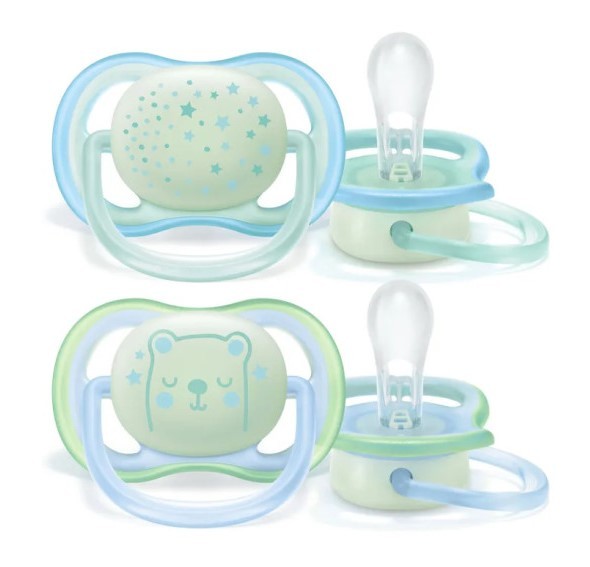 Изображение товара Авент пустышка Ультра Эйр ночная с футляром для стерилизации для мальчиков 0-6мес. №2 SCF376/11