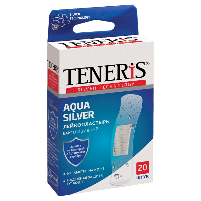 Изображение товара Тенерис пластырь бактерицидный полимер Аква Сильвер 20 шт 76х19 мм