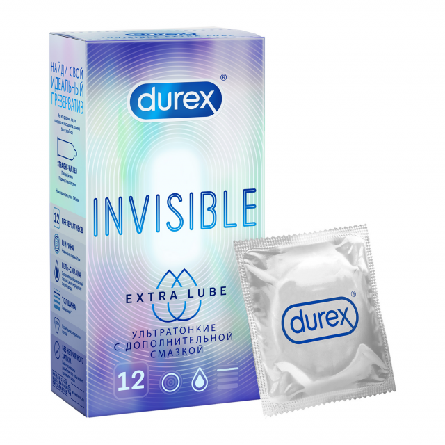 Изображение товара Дюрекс презервативы Invisible Extra Lube №12 ультратонкие с дополнительной смазкой