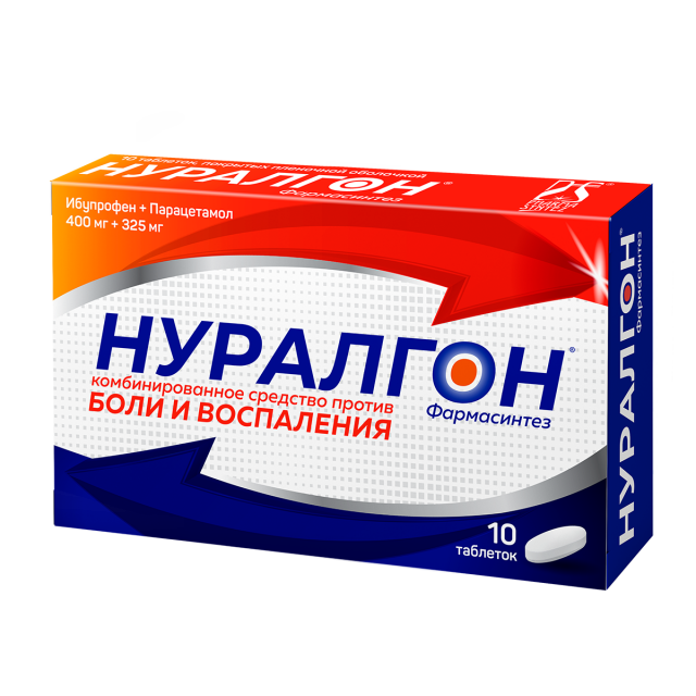 Изображение товара Нуралгон таблетки покрытые оболочкой 400мг+325мг No10 - обезболивающее и жаропонижающее средство