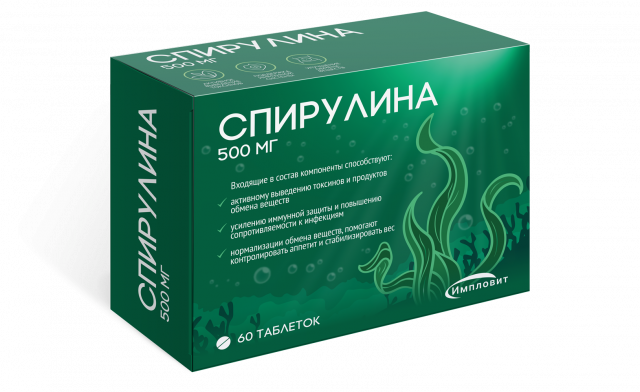 Изображение товара Спирулина таблетки 500мг No60 Импловит - источник хлорофилла и бета-каротина