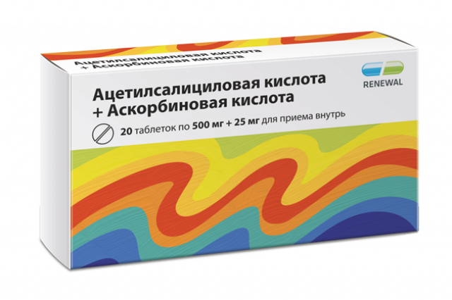 Изображение товара Ацетилсалициловая кислота + Аскорбиновая кислота таблетки 500мг + 25мг №20 Реневал