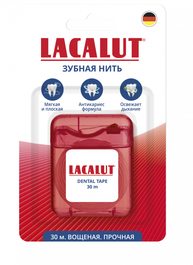 Изображение товара Зубная нить Lacalut dental tape 30 м с фторидом и мятой для детей и взрослых