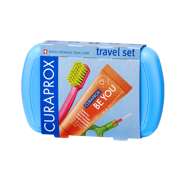 Изображение товара Курапрокс набор дорожный зубная щетка CS5460+зубная паста Чистое счастье оранжевая 10мл+ершик CPS07+CPS09+держатель UHS409+бокс синий