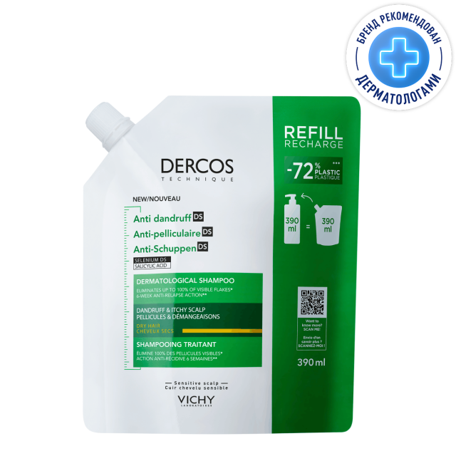 Изображение товара Виши Деркос шампунь интенсивный против перхоти сухих волос 390мл сменный блок
