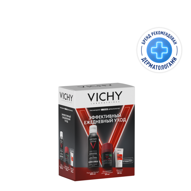 Изображение товара Виши Ом набор пена для бритья 200мл+дезодорант-ролик клиник Контроль 96ч 50мл+Деркос Энерджи шампунь 50мл