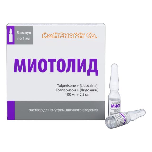 Изображение товара Миотолид раствор внутримышечно 100мг+2.5 мг/мл 1мл №5