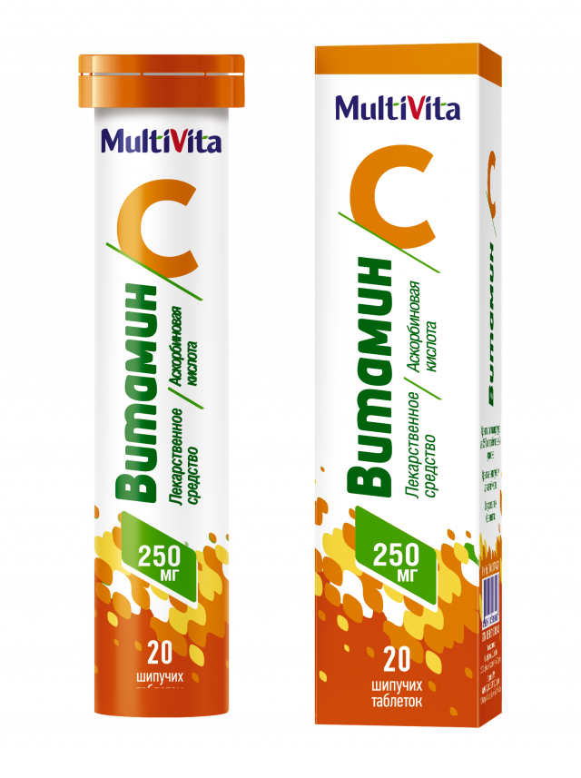 Изображение товара МультиВита Витамин С таблетки шипучие 250мг №20 в упаковке